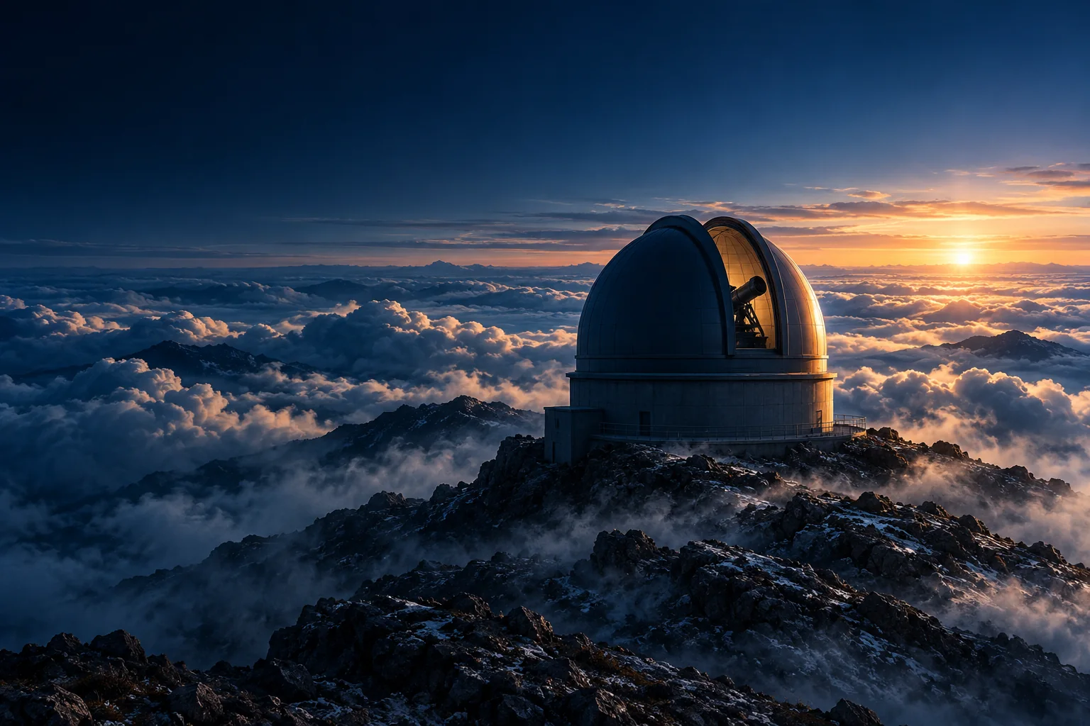 AI 概念圖:晨曦雲海上的觀測站,以受控觀測比喻設定資料存取範圍。